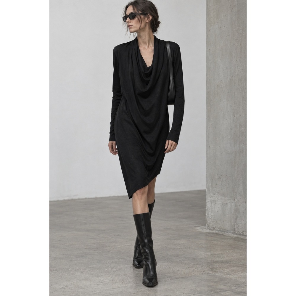 Helmut Lang Black Draped Cowl Neck Long Sleeve Asymmetrical Dress- Size XS